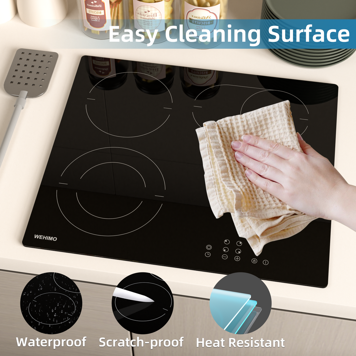 WEHIMO Ceramic Hob 4 Plates 7200W, 4 Cooking Zones (2200W+2000W+1800W+1200W), 9 Heat Levels, Touch Control, Child Lock, 1-99 Timer, Suitable for All Pots