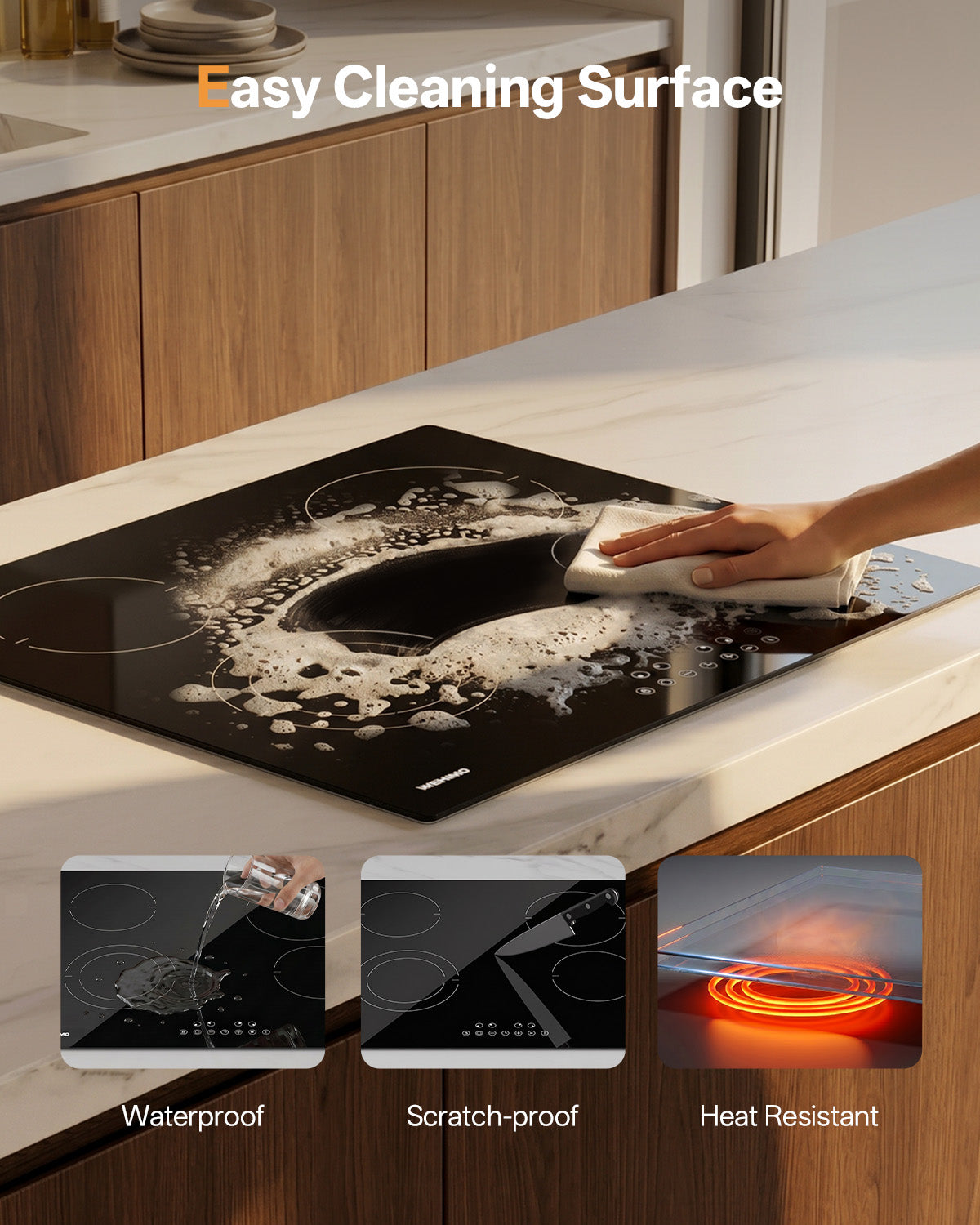 WEHIMO Ceramic Hob 4 Plates 6600W, Double Ring Cooking Surface, 9 Heat Levels, Touch Control, Child Lock, 1-99 Timer, Suitable for All Pots, 59CM