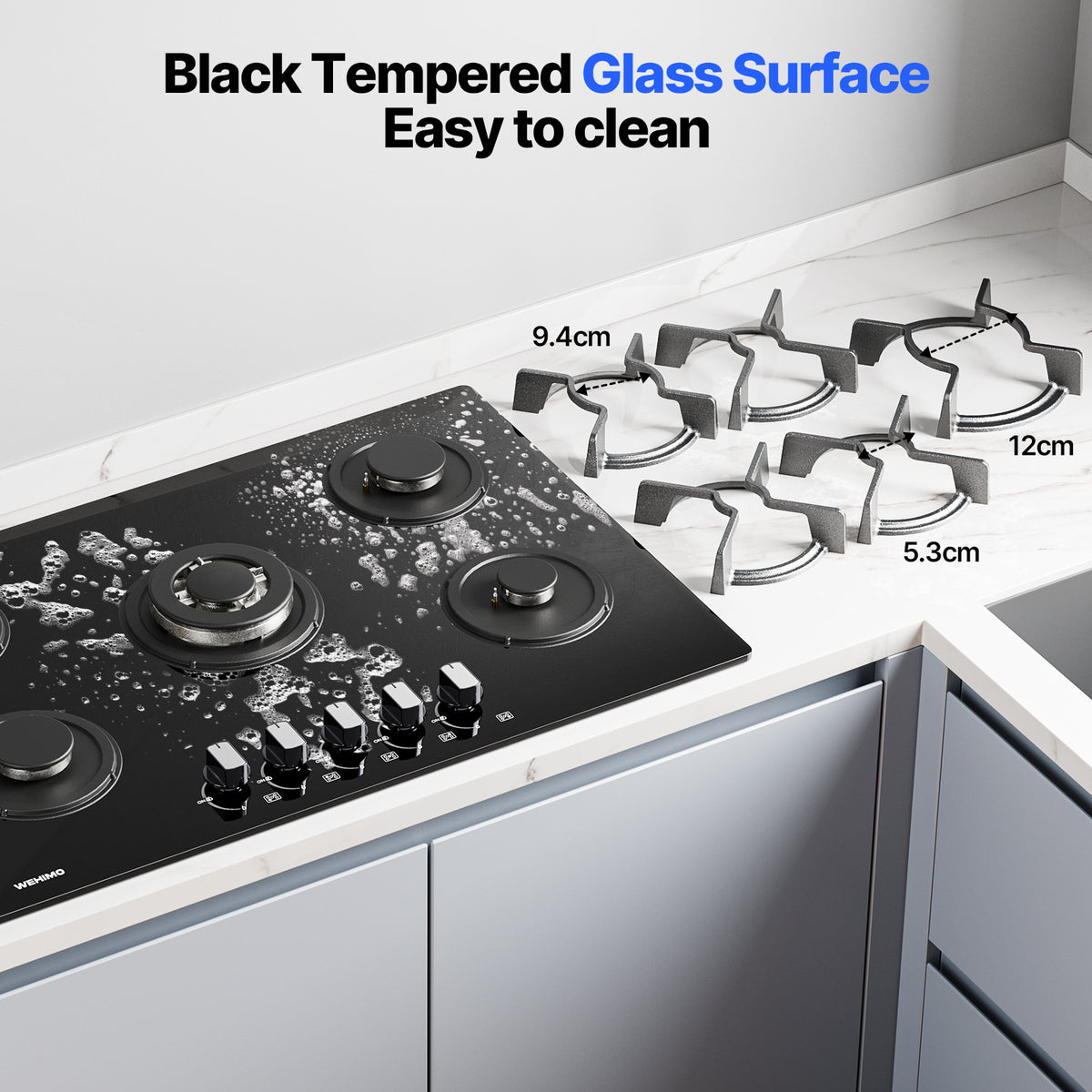 Gas Hob 5 Burners, WEHIMO Built-in Cooktop, Gas Hob 77cm, 10500W, Cast Iron Grate, Town Gas and Bottled Gas, Black Glass