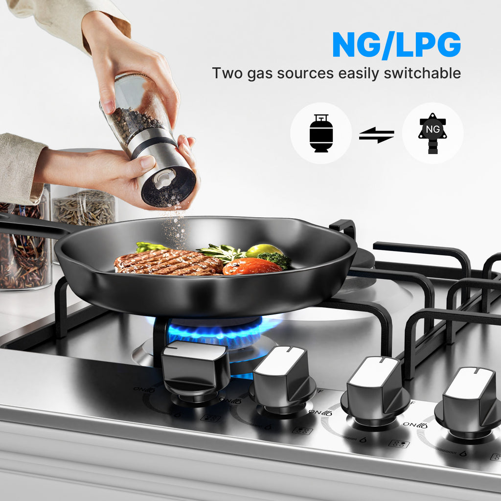 WEHIMO Gas Hob 4 Burners, Gas Hob 4 Burners Stainless Steel, Gas Cooker 4 Burners Built-in, Cast Iron Grate, 7200W, Town Gas and Bottled Gas