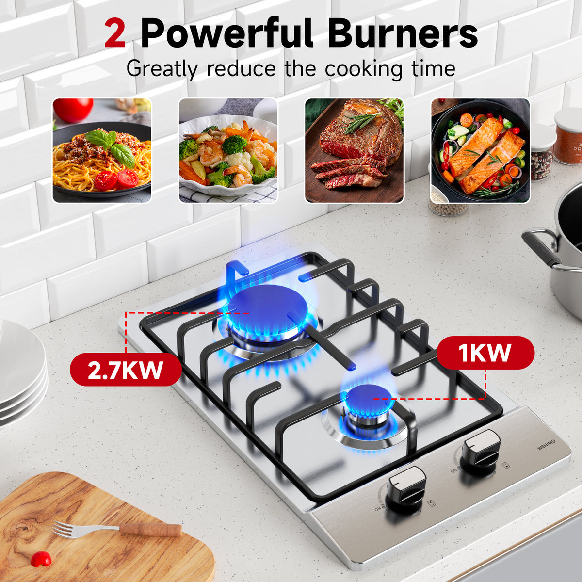 WEHIMO Gas Hob 2 Burners, Gas Hob 2 Burners Stainless Steel, Gas Cooker 2 Burners, Built-in, Cast Iron Grate, 3700W, Town Gas and Bottled Gas