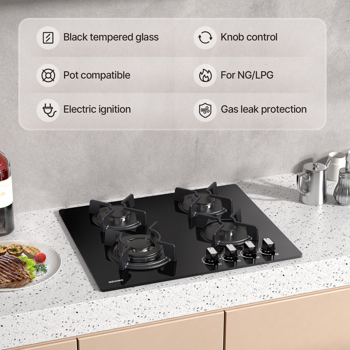 WEHIMO Gas Hob 4 Burner, Glass Built-in Gas Hob, 59cm, 7800W, 4 Cooking Zones (3300W+1750W+1750W+1000W), 4 Zone Gas Hob for Propane Gas and Natural Gas, Black Glass, Suitable for All Pots