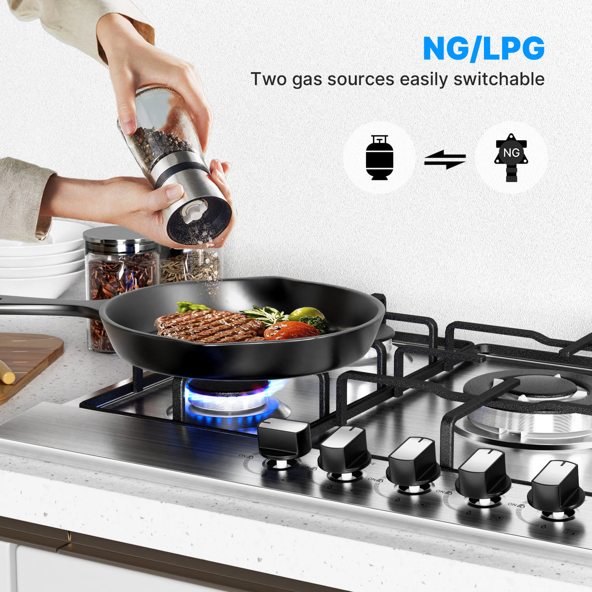 Gas Hob 5 Burners Stainless Steel, Built-in Hob 76 cm, 10500 W, Slim Profile, Flame-Out Protection, Natural Gas/Propane/Butane, 76x50x4.5 cm