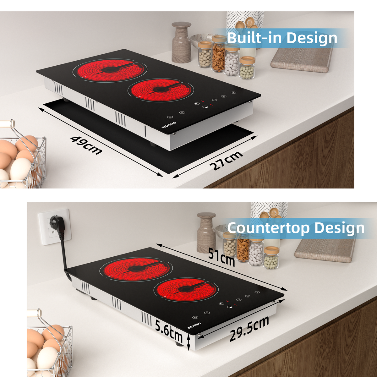 WEHIMO Ceramic Hob 2 Plates, Domino Ceramic Hob, 29.5cm, 3000W, 2 Cooking Zones (1800W+1200W), 9 Heat Levels, Touch Control, Child Lock, 1-99min Timer, Suitable for All Pots