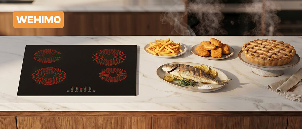WEHIMO Ceramic Hob 4 Plates 6600W, Double Ring Cooking Surface, 9 Heat Levels, Touch Control, Child Lock, 1-99 Timer, Suitable for All Pots, 59CM