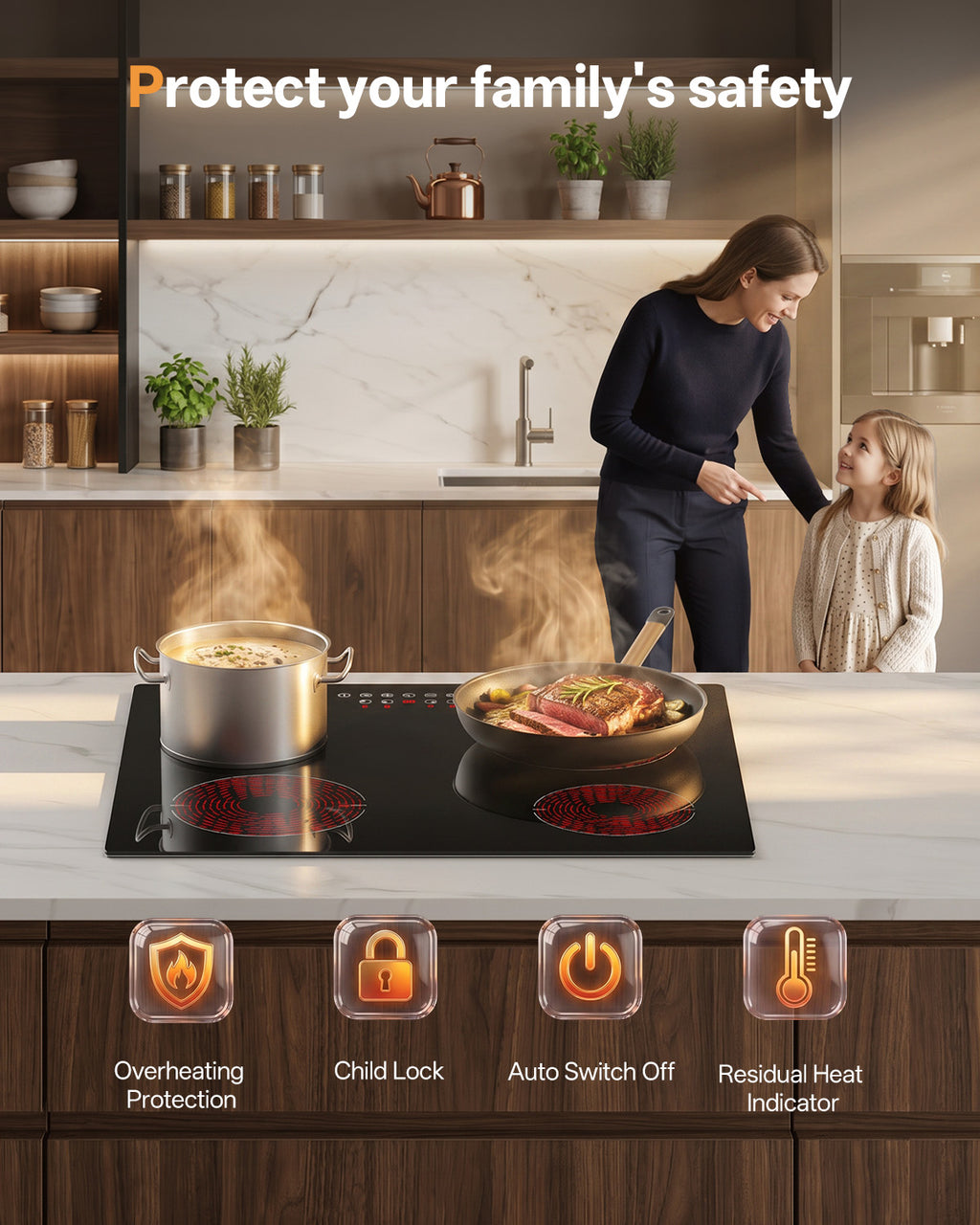 WEHIMO Ceramic Hob 4 Plates 6600W, Double Ring Cooking Surface, 9 Heat Levels, Touch Control, Child Lock, 1-99 Timer, Suitable for All Pots, 59CM