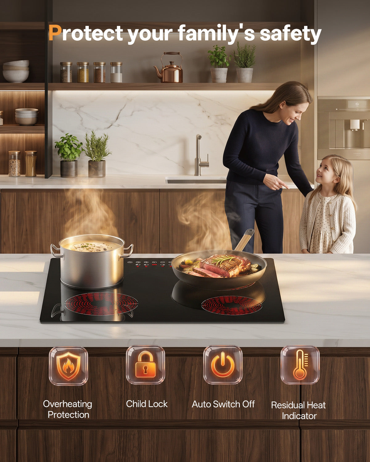 WEHIMO Ceramic Hob 4 Plates 6600W, Double Ring Cooking Surface, 9 Heat Levels, Touch Control, Child Lock, 1-99 Timer, Suitable for All Pots, 59CM