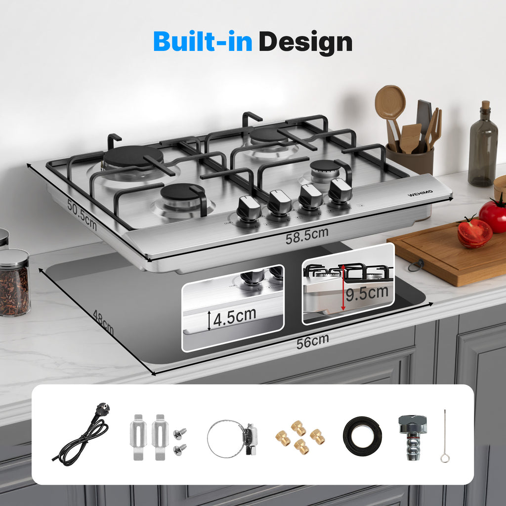 WEHIMO Gas Hob 4 Burners, Gas Hob 4 Burners Stainless Steel, Gas Cooker 4 Burners Built-in, Cast Iron Grate, 7200W, Town Gas and Bottled Gas