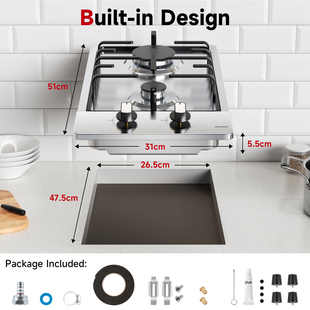 WEHIMO Gas Hob 2 Burners, Gas Hob 2 Burners Stainless Steel, Gas Cooker 2 Burners, Built-in, Cast Iron Grate, 3700W, Town Gas and Bottled Gas