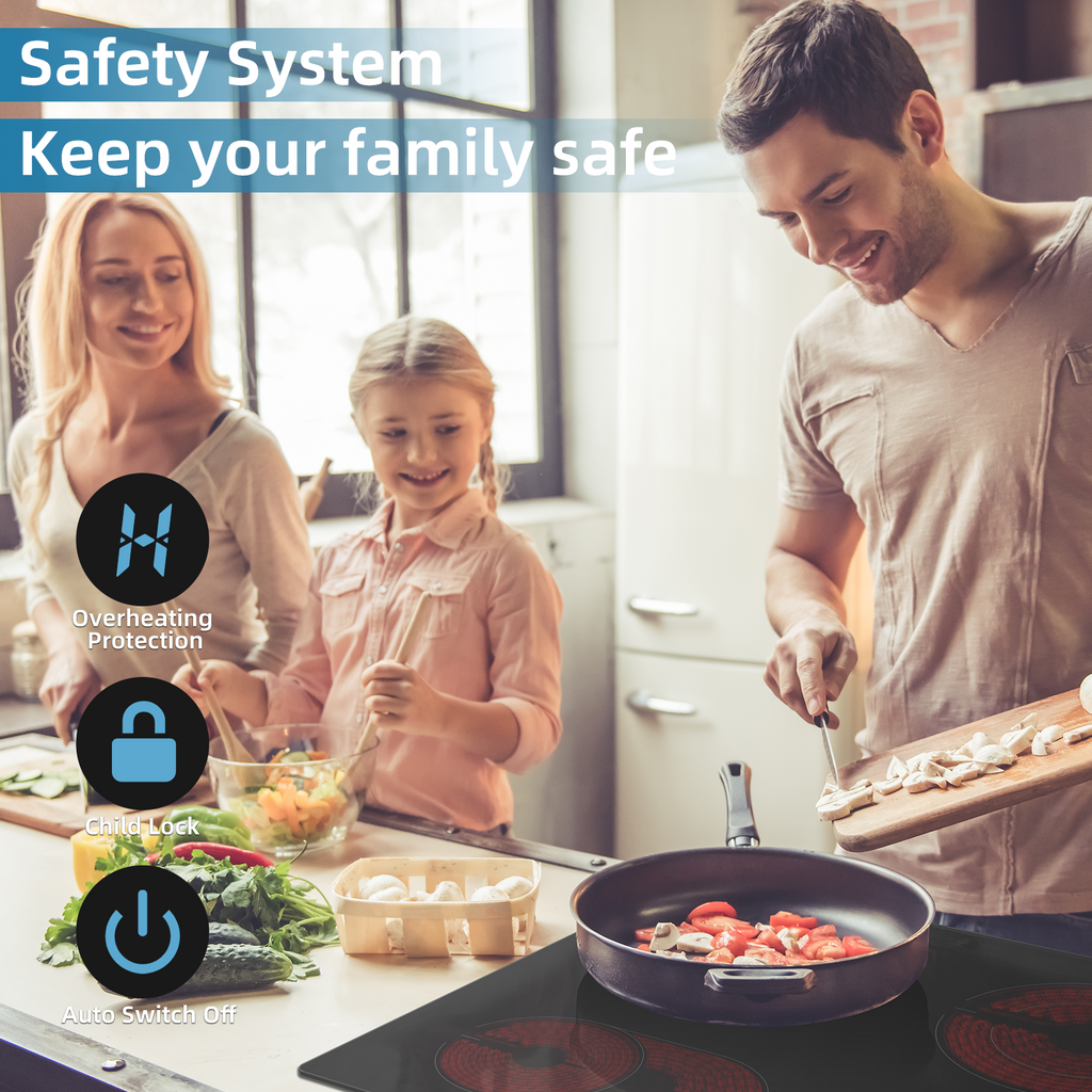 WEHIMO Ceramic Hob 4 Plates 7200W, 4 Cooking Zones (2200W+2000W+1800W+1200W), 9 Heat Levels, Touch Control, Child Lock, 1-99 Timer, Suitable for All Pots