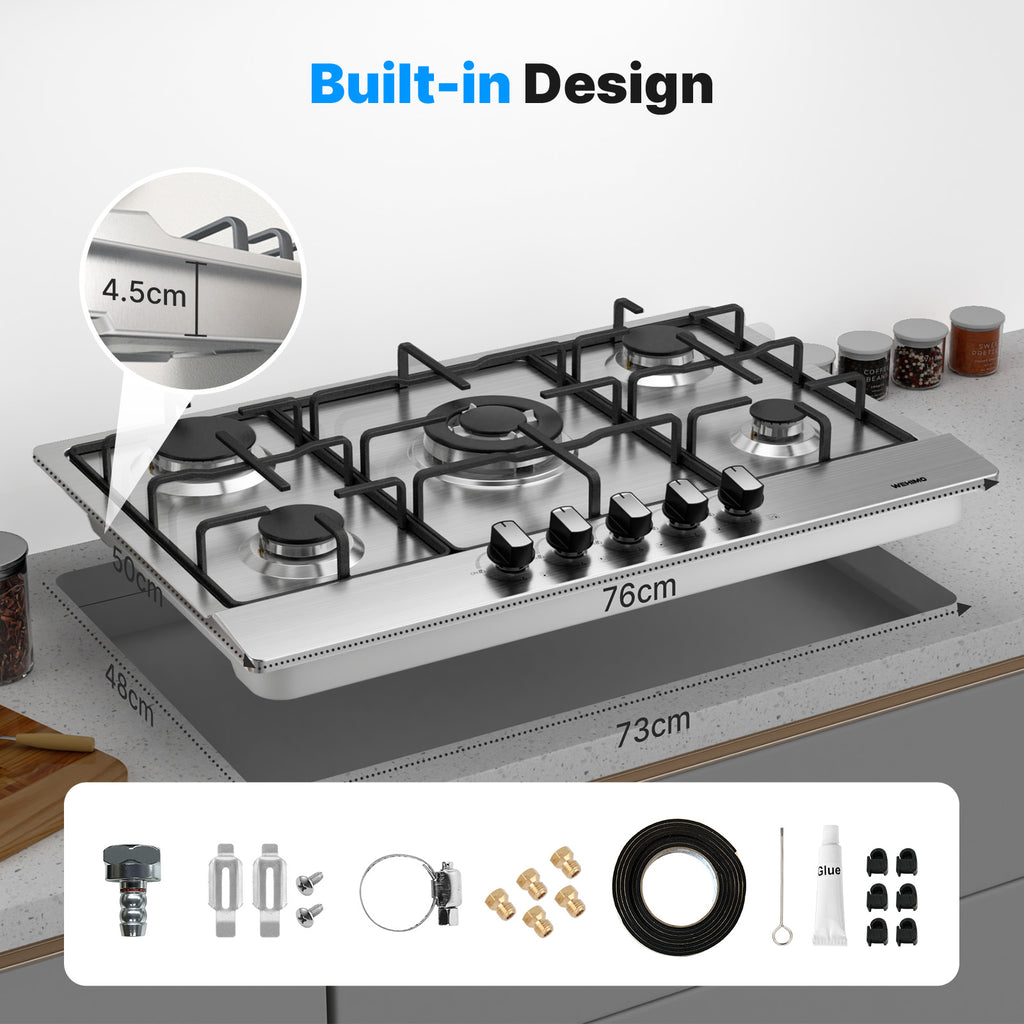 Gas Hob 5 Burners Stainless Steel, Built-in Hob 76 cm, 10500 W, Slim Profile, Flame-Out Protection, Natural Gas/Propane/Butane, 76x50x4.5 cm