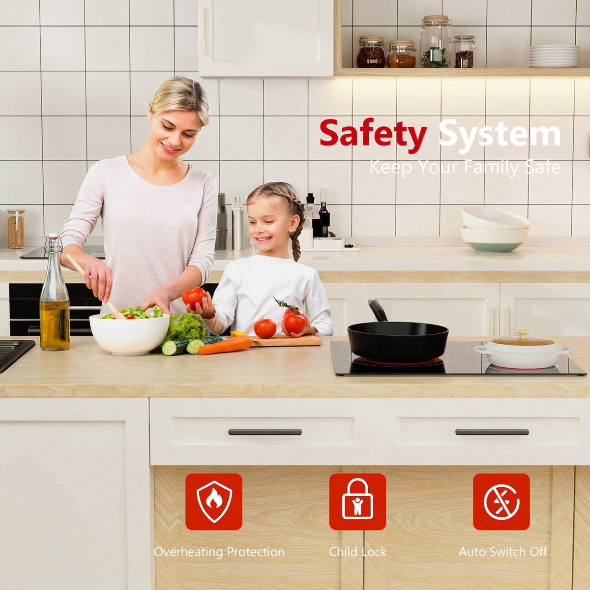 WEHIMO Ceramic Hob 3 Burners 5500W, Extra Large Zone 25 cm, 9 Power Levels, Touch Control, Child Safety, Timer, Black