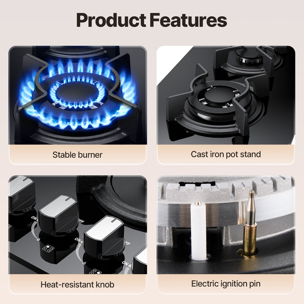 WEHIMO Gas Hob 4 Burner, Glass Built-in Gas Hob, 59cm, 7800W, 4 Cooking Zones (3300W+1750W+1750W+1000W), 4 Zone Gas Hob for Propane Gas and Natural Gas, Black Glass, Suitable for All Pots