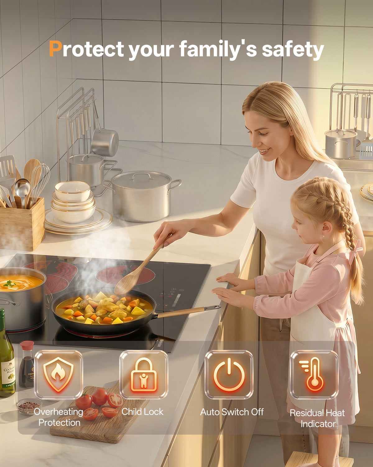 WEHIMO Ceramic Hob 4 Plates, Cooktop 4 Cooking Zones 59CM, 6600W, Double & Oval Cooking Zone, 9 Heat Levels, Touch Control, Child Lock, Timer, Suitable for All Pots