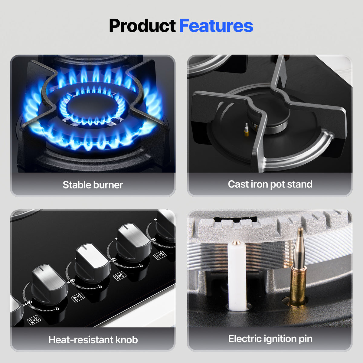 Gas Hob 5 Burners, WEHIMO Built-in Cooktop, Gas Hob 77cm, 10500W, Cast Iron Grate, Town Gas and Bottled Gas, Black Glass