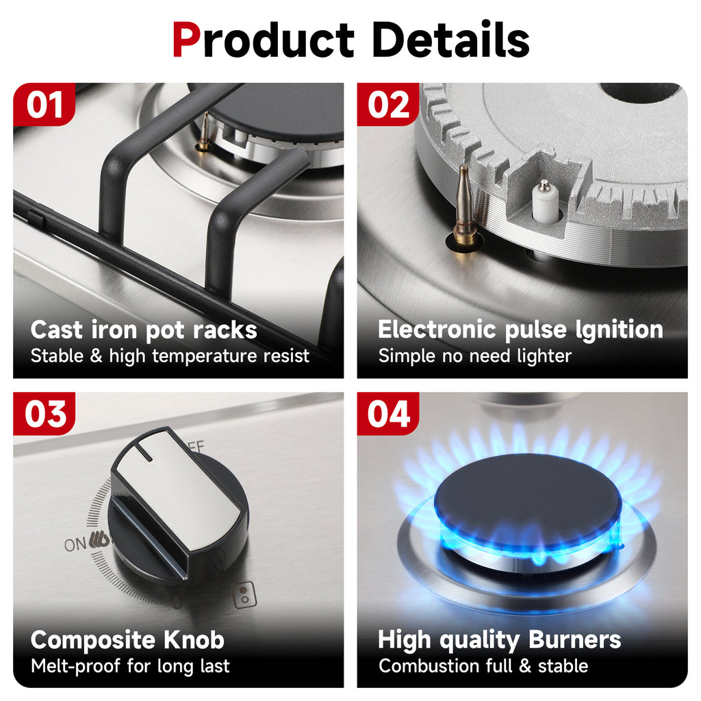 WEHIMO Gas Hob 2 Burners, Gas Hob 2 Burners Stainless Steel, Gas Cooker 2 Burners, Built-in, Cast Iron Grate, 3700W, Town Gas and Bottled Gas
