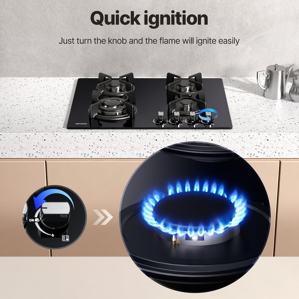 WEHIMO Gas Hob 4 Burner, Glass Built-in Gas Hob, 59cm, 7800W, 4 Cooking Zones (3300W+1750W+1750W+1000W), 4 Zone Gas Hob for Propane Gas and Natural Gas, Black Glass, Suitable for All Pots