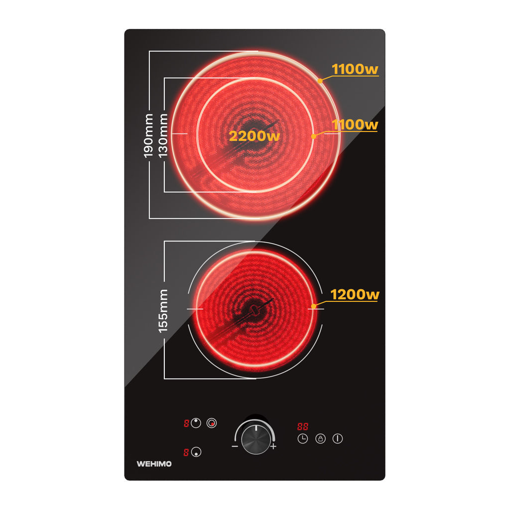 WEHIMO Ceramic Hob 2 Plates, 3400W (2200W+1200W), Rotary Knob Control, Double Ring Burner, 9 Heat Levels, Touch Control, Child Lock, 1-99min Timer, Suitable for All Pots