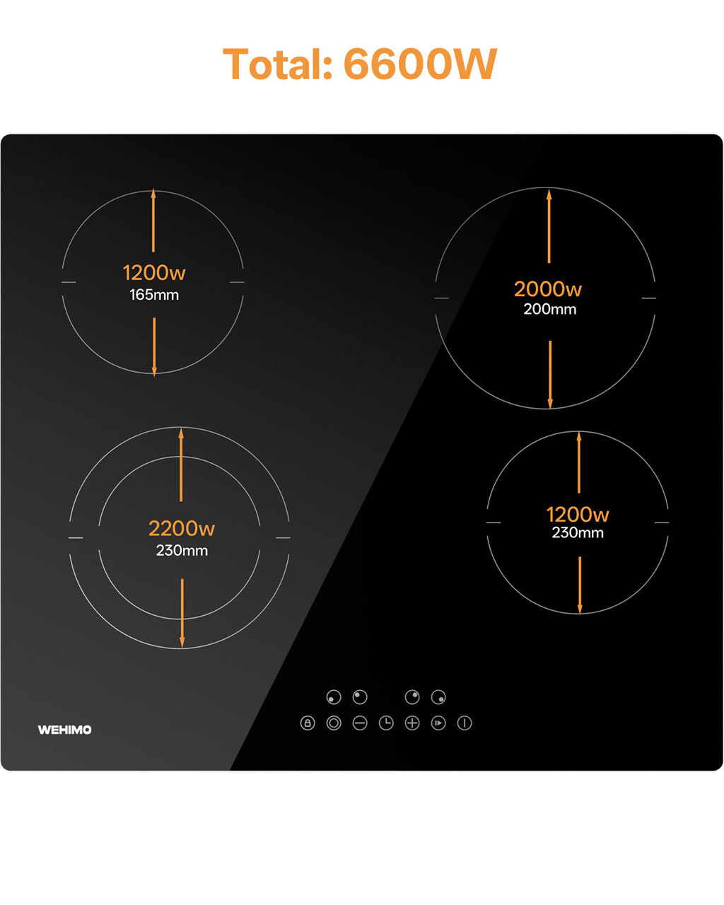 WEHIMO Ceramic Hob 4 Plates 6600W, Double Ring Cooking Surface, 9 Heat Levels, Touch Control, Child Lock, 1-99 Timer, Suitable for All Pots, 59CM