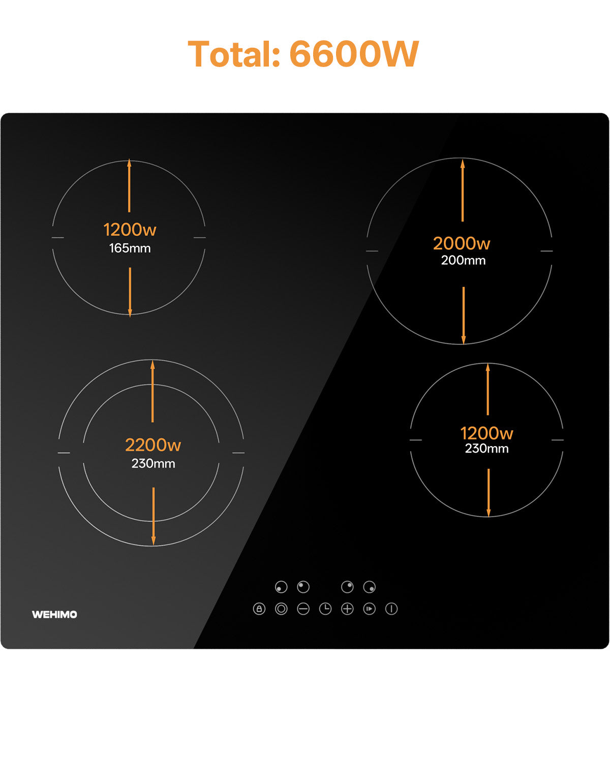 WEHIMO Ceramic Hob 4 Plates 6600W, Double Ring Cooking Surface, 9 Heat Levels, Touch Control, Child Lock, 1-99 Timer, Suitable for All Pots, 59CM