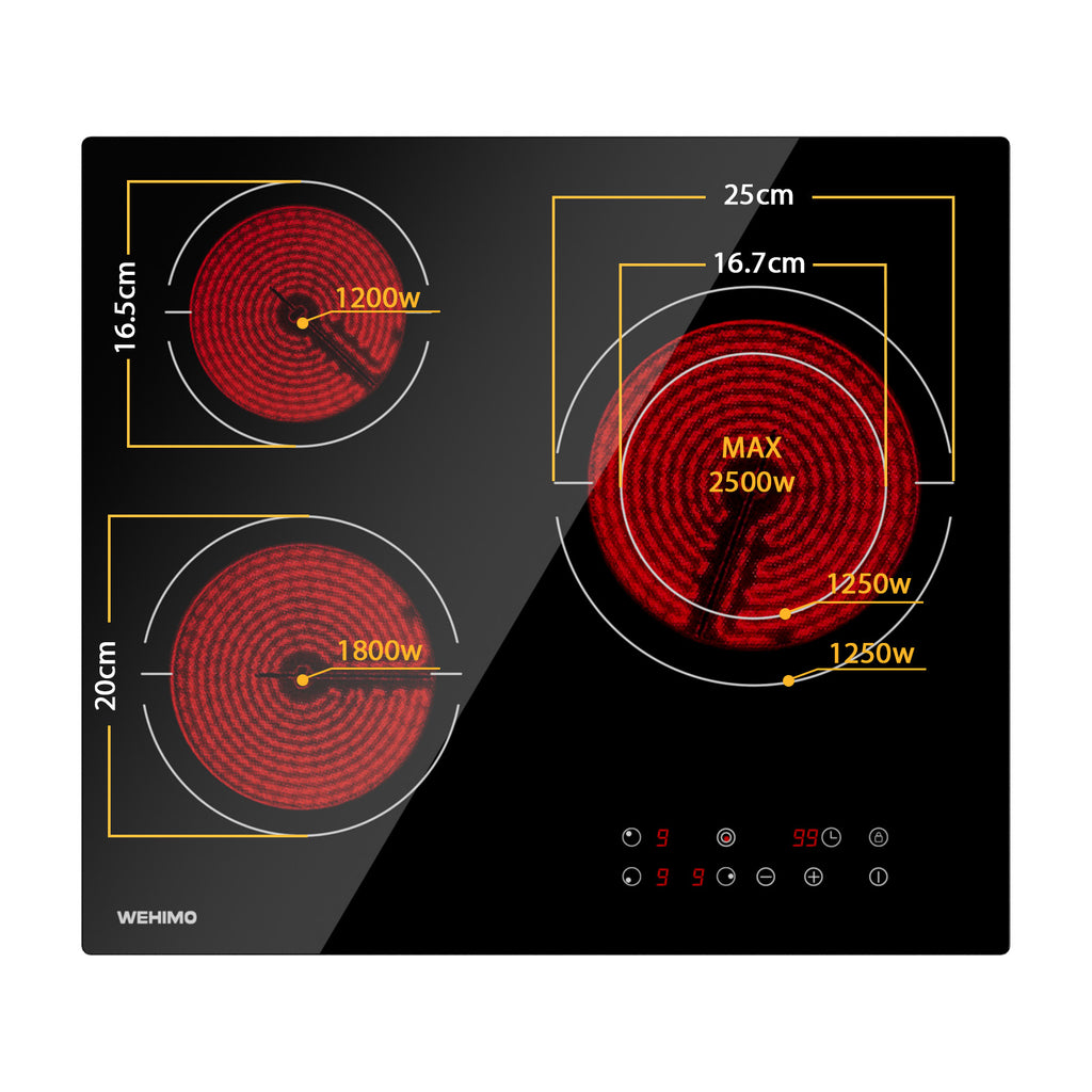 WEHIMO Ceramic Hob 3 Burners 5500W, Extra Large Zone 25 cm, 9 Power Levels, Touch Control, Child Safety, Timer, Black
