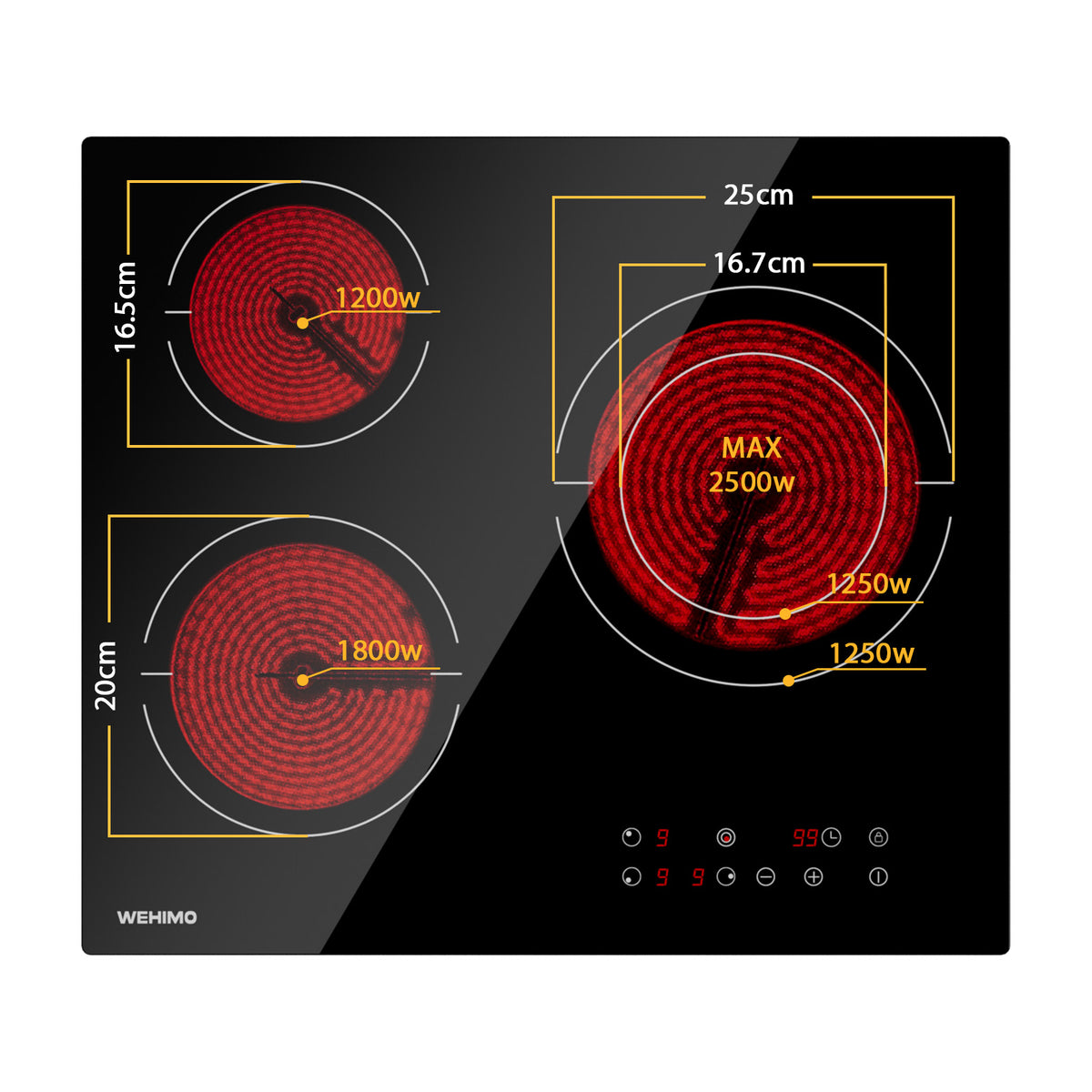 WEHIMO Ceramic Hob 3 Burners 5500W, Extra Large Zone 25 cm, 9 Power Levels, Touch Control, Child Safety, Timer, Black