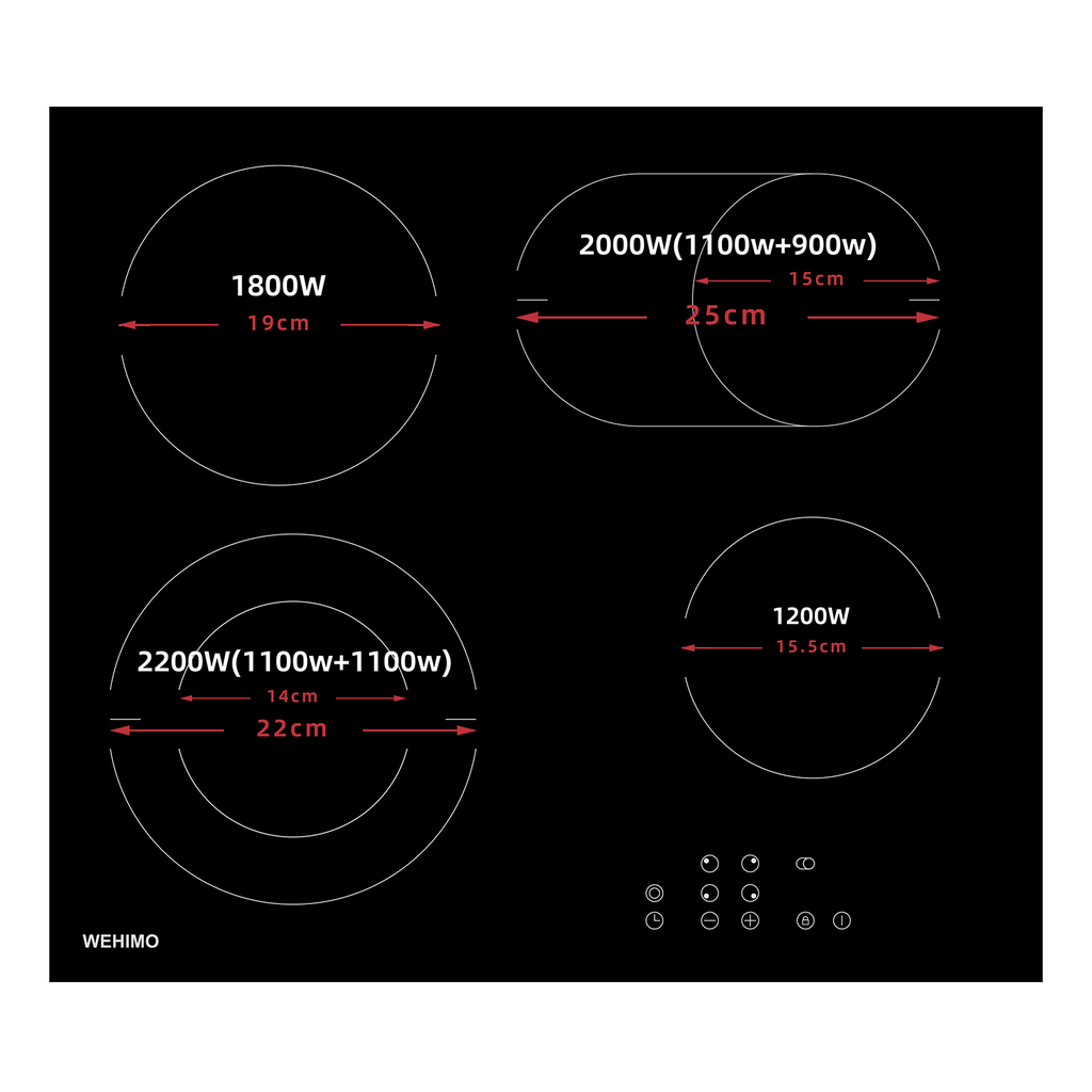 WEHIMO Ceramic Hob 4 Plates 7200W, 4 Cooking Zones (2200W+2000W+1800W+1200W), 9 Heat Levels, Touch Control, Child Lock, 1-99 Timer, Suitable for All Pots