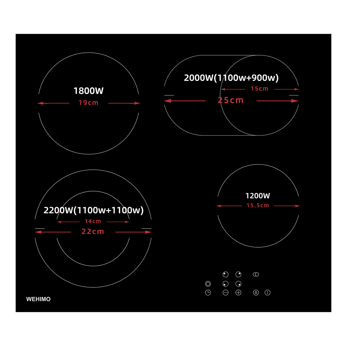 WEHIMO Ceramic Hob 4 Plates 7200W, 4 Cooking Zones (2200W+2000W+1800W+1200W), 9 Heat Levels, Touch Control, Child Lock, 1-99 Timer, Suitable for All Pots