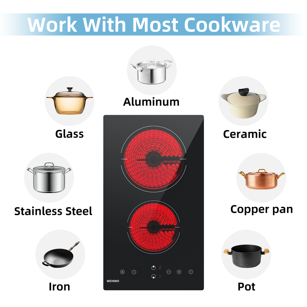 WEHIMO Ceramic Hob 2 Plates, Domino Ceramic Hob, 29.5cm, 3000W, 2 Cooking Zones (1800W+1200W), 9 Heat Levels, Touch Control, Child Lock, 1-99min Timer, Suitable for All Pots