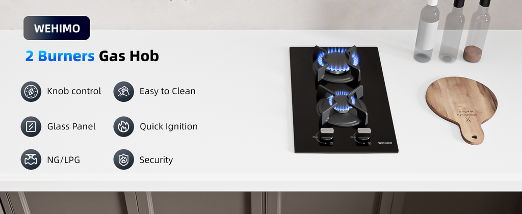 Gas Hob 2 Burners, WEHIMO Gas Hob 2 Burners Black Glass, Built-in Gas Cooker, 3700W, Town Gas and Bottled Gas