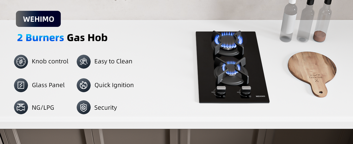 Gas Hob 2 Burners, WEHIMO Gas Hob 2 Burners Black Glass, Built-in Gas Cooker, 3700W, Town Gas and Bottled Gas