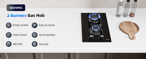 Gas Hob 2 Burners, WEHIMO Gas Hob 2 Burners Black Glass, Built-in Gas Cooker, 3700W, Town Gas and Bottled Gas