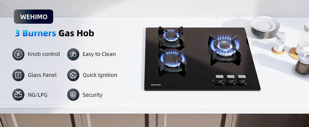 WEHIMO Gas Hob 3 Burners, Gas Hob 3 Burners Built-in, Gas Cooktop 60cm, Cast Iron Grate, 7750W, Town Gas and Bottled Gas, Black Glass