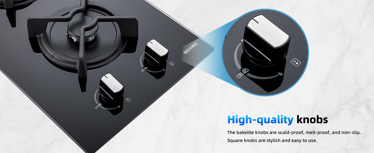 Gas Hob 2 Burners, WEHIMO Gas Hob 2 Burners Black Glass, Built-in Gas Cooker, 3700W, Town Gas and Bottled Gas