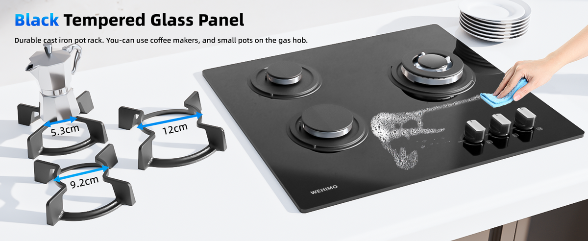 WEHIMO Gas Hob 3 Burners, Gas Hob 3 Burners Built-in, Gas Cooktop 60cm, Cast Iron Grate, 7750W, Town Gas and Bottled Gas, Black Glass