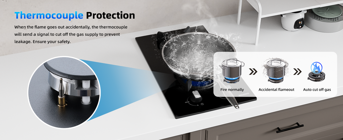 Gas Hob 2 Burners, WEHIMO Gas Hob 2 Burners Black Glass, Built-in Gas Cooker, 3700W, Town Gas and Bottled Gas