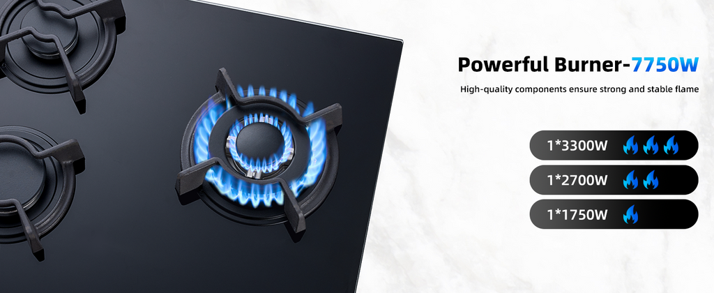WEHIMO Gas Hob 3 Burners, Gas Hob 3 Burners Built-in, Gas Cooktop 60cm, Cast Iron Grate, 7750W, Town Gas and Bottled Gas, Black Glass