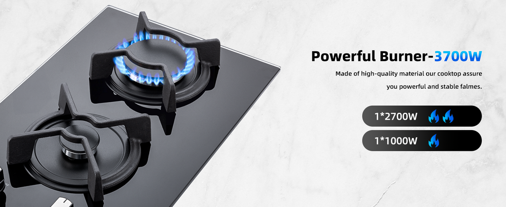 Gas Hob 2 Burners, WEHIMO Gas Hob 2 Burners Black Glass, Built-in Gas Cooker, 3700W, Town Gas and Bottled Gas