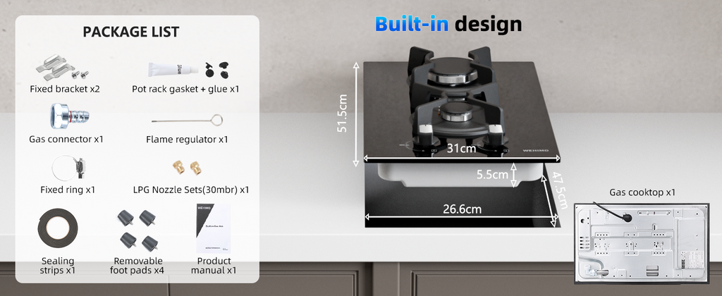 Gas Hob 2 Burners, WEHIMO Gas Hob 2 Burners Black Glass, Built-in Gas Cooker, 3700W, Town Gas and Bottled Gas