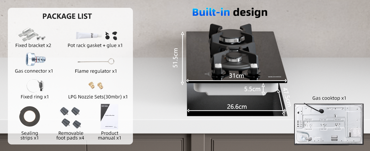 Gas Hob 2 Burners, WEHIMO Gas Hob 2 Burners Black Glass, Built-in Gas Cooker, 3700W, Town Gas and Bottled Gas