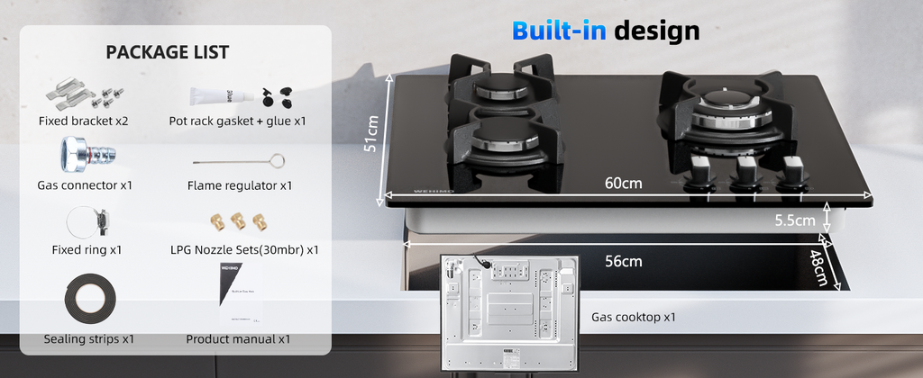WEHIMO Gas Hob 3 Burners, Gas Hob 3 Burners Built-in, Gas Cooktop 60cm, Cast Iron Grate, 7750W, Town Gas and Bottled Gas, Black Glass