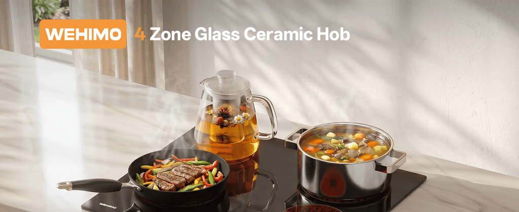 WEHIMO Ceramic Hob 4 Plates 6600W, Double Ring Cooking Surface, 9 Heat Levels, Touch Control, Child Lock, 1-99 Timer, Suitable for All Pots, 59CM