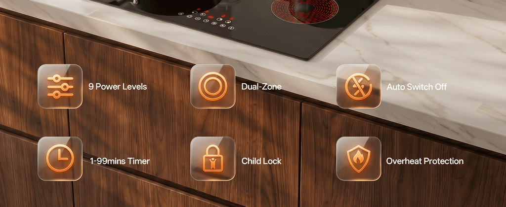 WEHIMO Ceramic Hob 4 Plates 6600W, Double Ring Cooking Surface, 9 Heat Levels, Touch Control, Child Lock, 1-99 Timer, Suitable for All Pots, 59CM