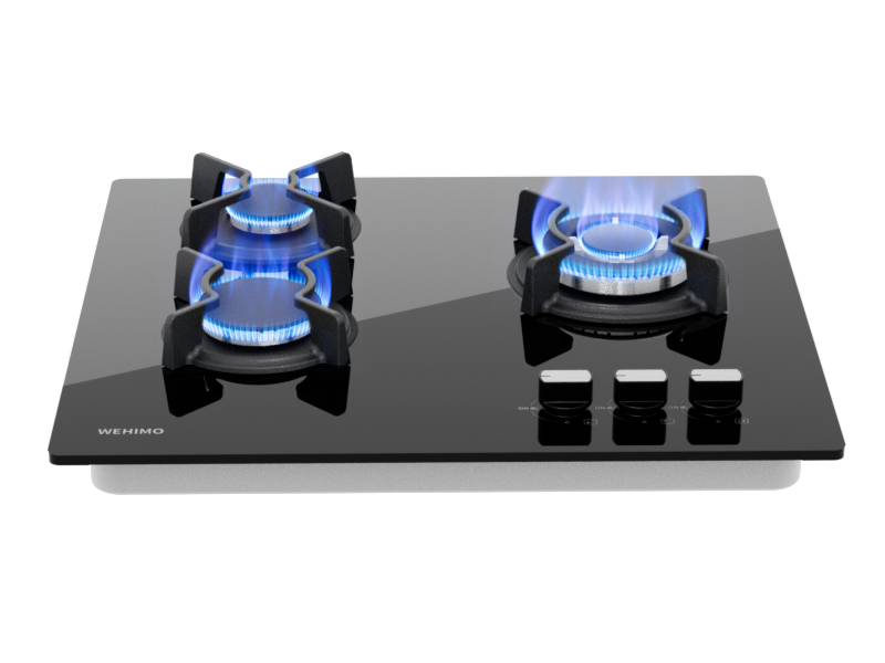 WEHIMO Gas Hob 3 Burners, Gas Hob 3 Burners Built-in, Gas Cooktop 60cm, Cast Iron Grate, 7750W, Town Gas and Bottled Gas, Black Glass
