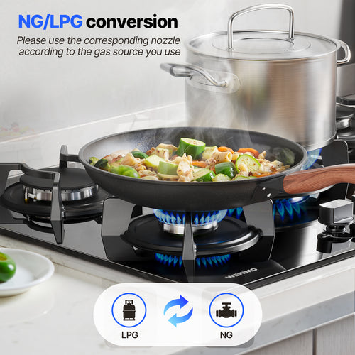 Gas Hob 5 Burners, WEHIMO Built-in Cooktop, Gas Hob 77cm, 10500W, Cast Iron Grate, Town Gas and Bottled Gas, Black Glass