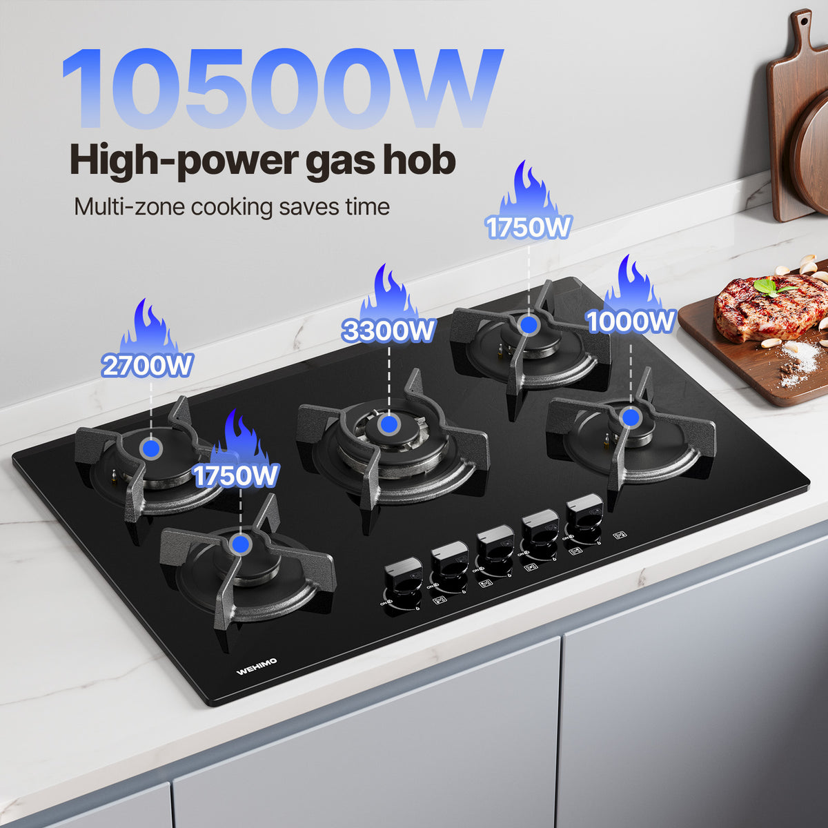 Gas Hob 5 Burners, WEHIMO Built-in Cooktop, Gas Hob 77cm, 10500W, Cast Iron Grate, Town Gas and Bottled Gas, Black Glass