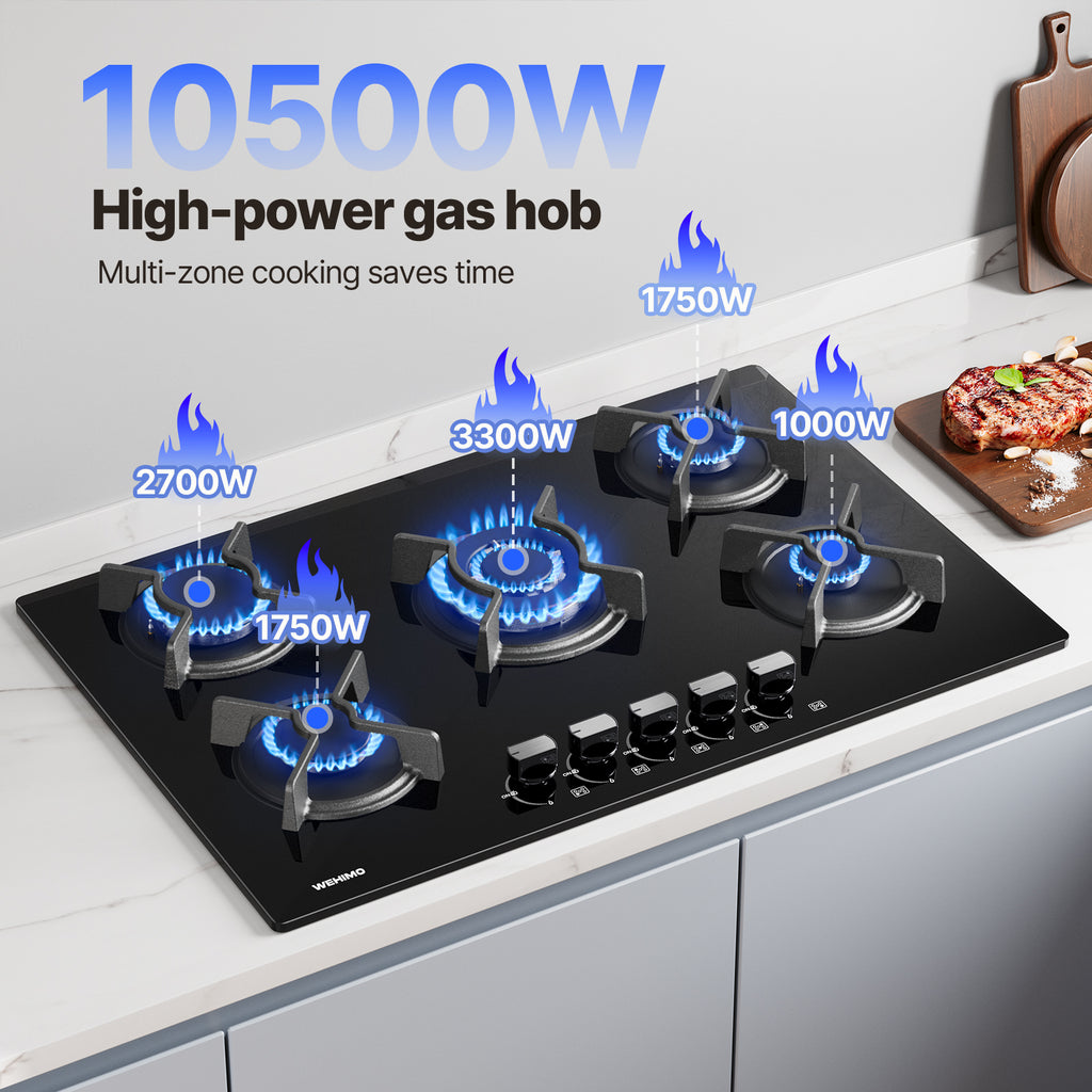 Gas Hob 5 Burners, WEHIMO Built-in Cooktop, Gas Hob 77cm, 10500W, Cast Iron Grate, Town Gas and Bottled Gas, Black Glass