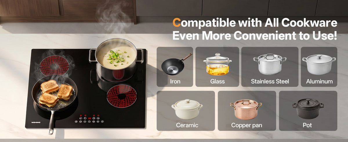 WEHIMO Ceramic Hob 4 Plates 6600W, Double Ring Cooking Surface, 9 Heat Levels, Touch Control, Child Lock, 1-99 Timer, Suitable for All Pots, 59CM