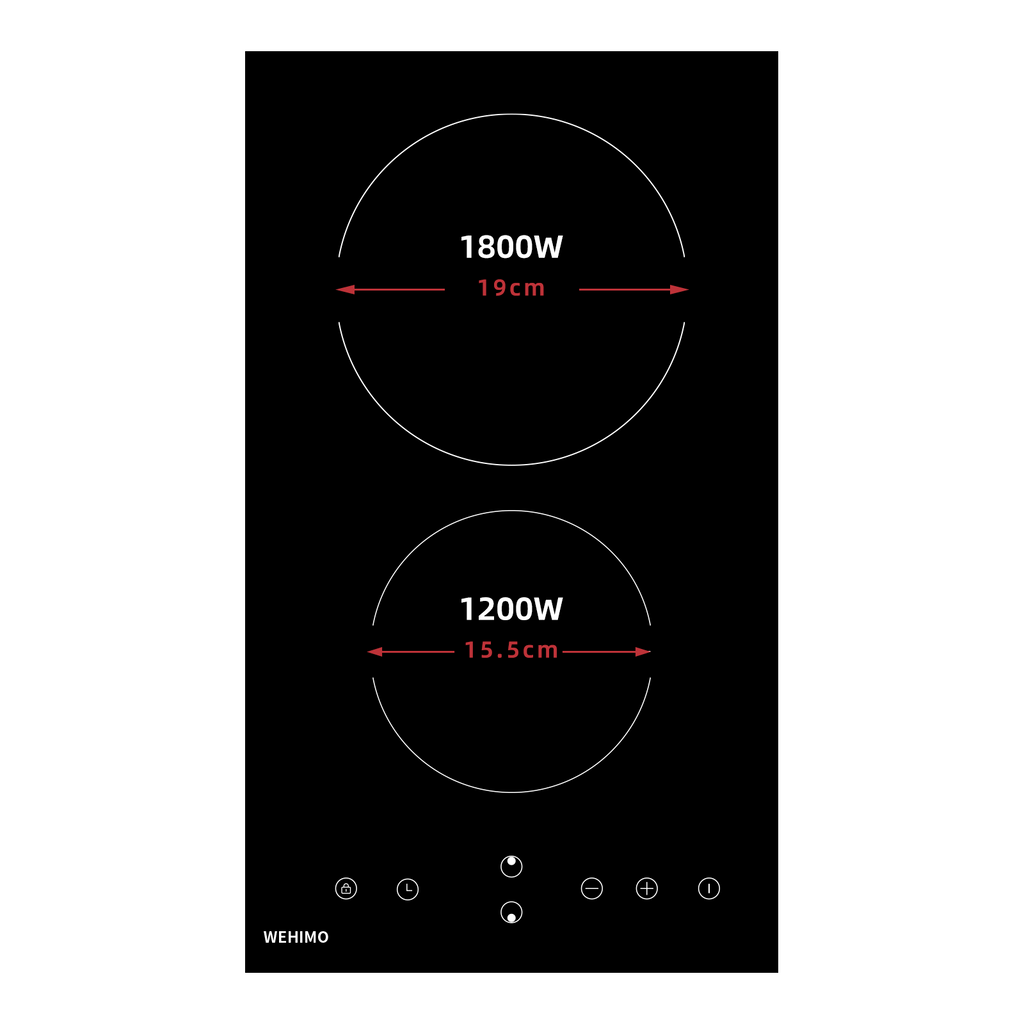 WEHIMO Ceramic Hob 2 Plates, Domino Ceramic Hob, 29.5cm, 3000W, 2 Cooking Zones (1800W+1200W), 9 Heat Levels, Touch Control, Child Lock, 1-99min Timer, Suitable for All Pots