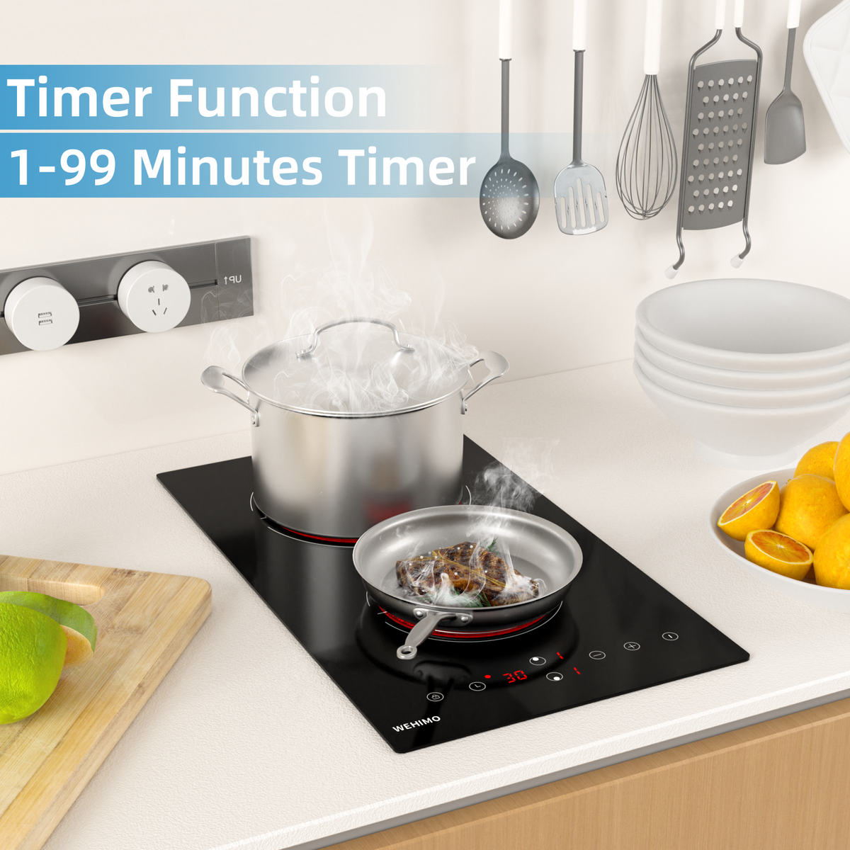 WEHIMO Ceramic Hob 2 Plates, Domino Ceramic Hob, 29.5cm, 3000W, 2 Cooking Zones (1800W+1200W), 9 Heat Levels, Touch Control, Child Lock, 1-99min Timer, Suitable for All Pots